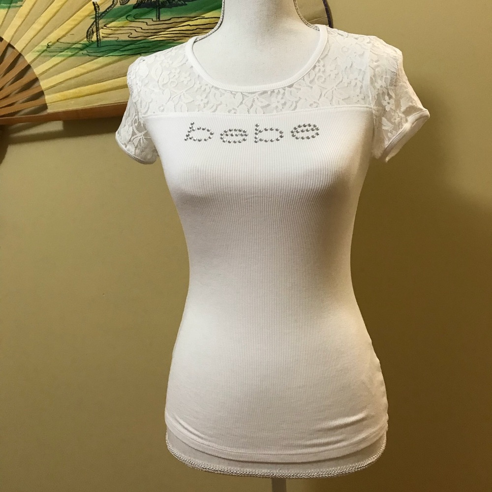 Bebe rhinestone logo white tee shirt